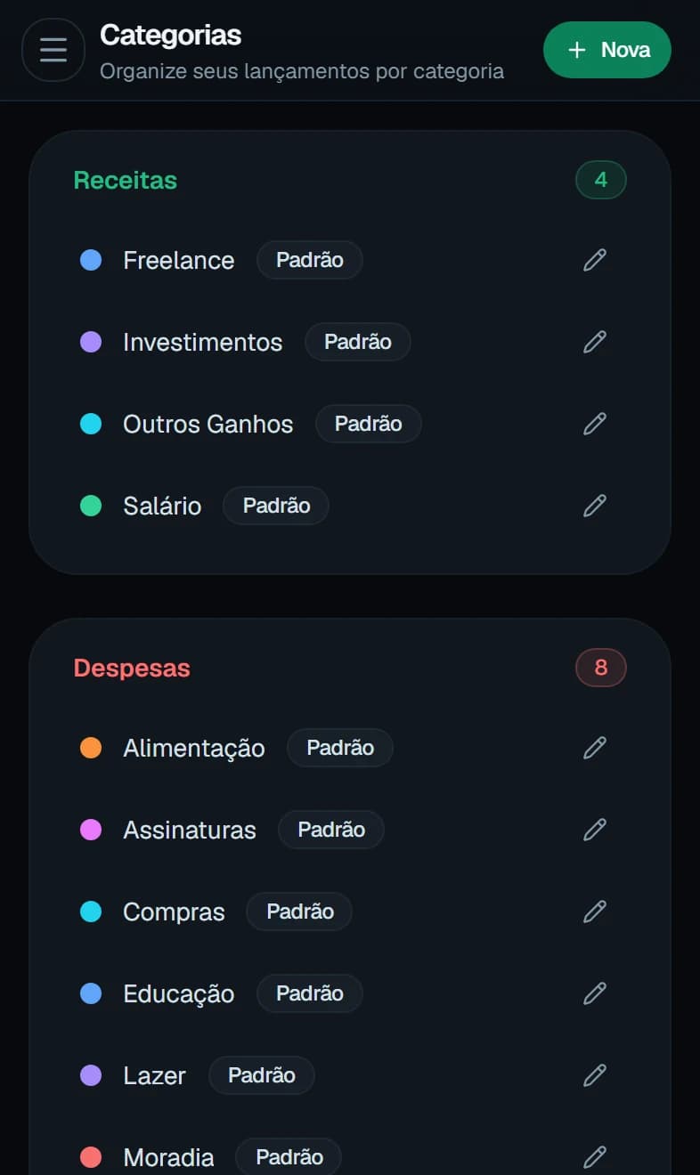 Tela de categorias, com as de receita e as de despesa separadas e uma cor para cada.